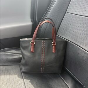 Fossil Leather Two-Tone Black and Brown Tote Bag
